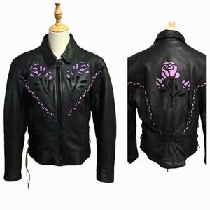 Unik Leather Purple Rose Inset Short Biker Jacket Lining Laces Goth Rock Punk M
